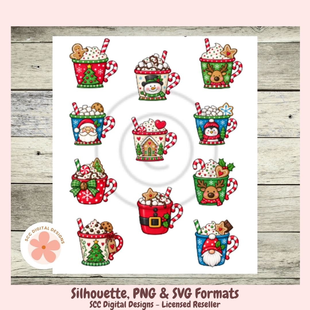 A digital preview sheet showing nine Christmas-themed mug silhouettes with hot cocoa, candy canes, ornaments, and holiday decorations, arranged on a white card over a rustic wood background. Text at the bottom reads 'Silhouette, PNG & SVG Formats' and 'SCC Digital Designs - Licensed Reseller'.