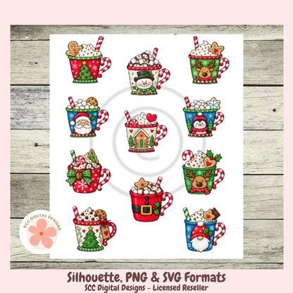 A digital preview sheet showing nine Christmas-themed mug silhouettes with hot cocoa, candy canes, ornaments, and holiday decorations, arranged on a white card over a rustic wood background. Text at the bottom reads 'Silhouette, PNG & SVG Formats' and 'SCC Digital Designs - Licensed Reseller'.