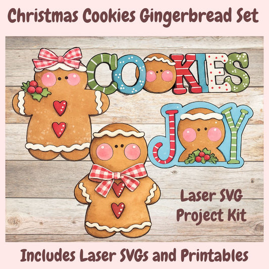 Christmas Cookies Gingerbread Set digital design kit featuring cute gingerbread cookies, a 'COOKIES JOY' sign, and text reading 'Laser SVG Project Kit' and 'Includes Laser SVGs and Printables' on a rustic wood background.
