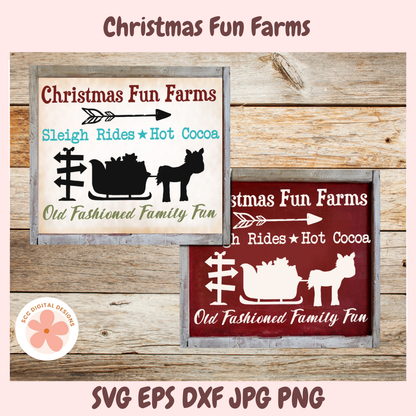 Christmas Fun Farms Sleigh Rides SVG, Santa's Sleigh & Reindeer Christmas Sign PNG, Farmhouse Holiday Decor Cut File for Cricut & Silhouette