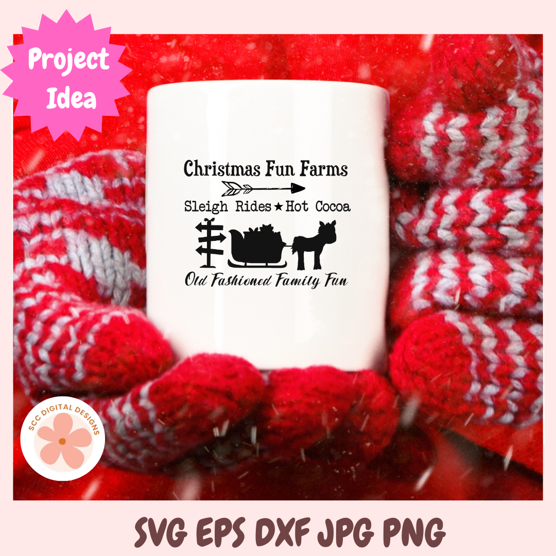 White mug with Christmas-themed design and text, wrapped in red and white striped fabric.
