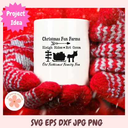 White mug with Christmas-themed design and text, wrapped in red and white striped fabric.
