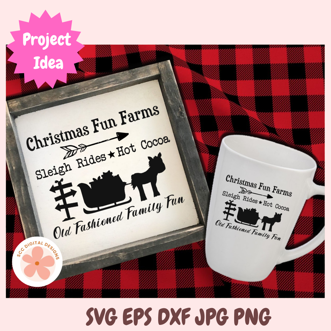 Christmas Fun Farms Sleigh Rides SVG, Santa's Sleigh & Reindeer Christmas Sign PNG, Farmhouse Holiday Decor Cut File for Cricut & Silhouette