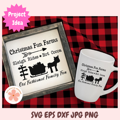 Christmas Fun Farms Sleigh Rides SVG, Santa's Sleigh & Reindeer Christmas Sign PNG, Farmhouse Holiday Decor Cut File for Cricut & Silhouette