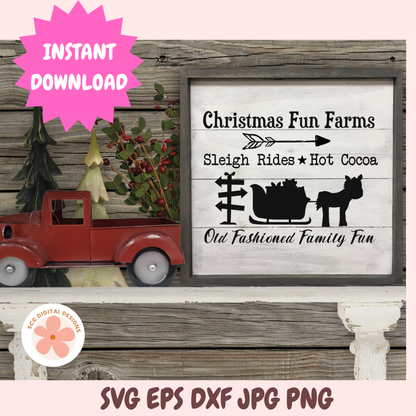 Christmas Fun Farms Sleigh Rides SVG, Santa's Sleigh & Reindeer Christmas Sign PNG, Farmhouse Holiday Decor Cut File for Cricut & Silhouette
