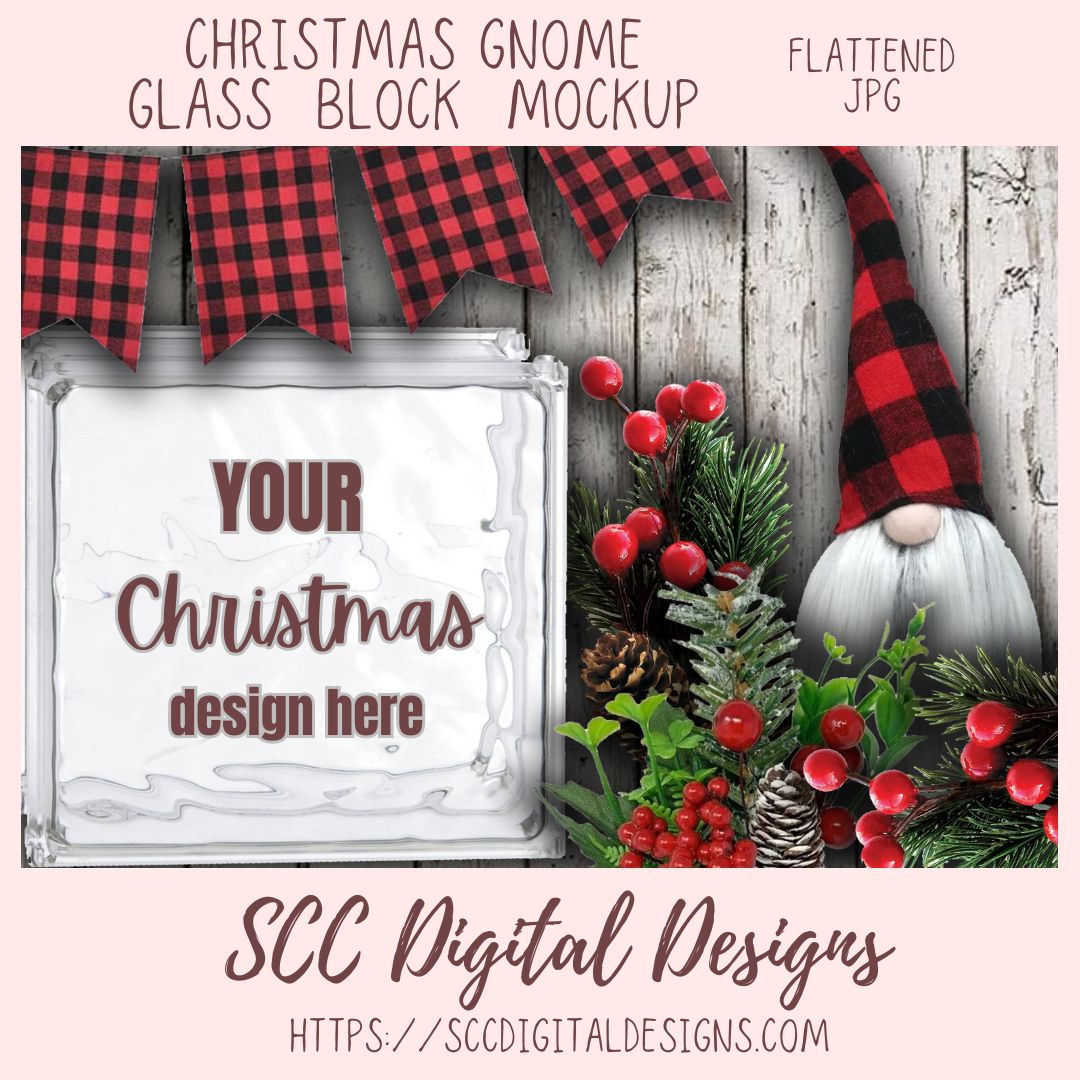 Christmas Gnome Glass Block Mockup Buffalo Plaid, Copy & Paste Design Professional Crafter Design Listing Tool Flattened JPG Unique Mock Up