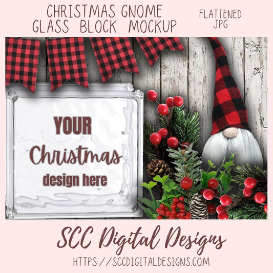 Christmas Gnome Glass Block Mockup Buffalo Plaid, Copy & Paste Design Professional Crafter Design Listing Tool Flattened JPG Unique Mock Up