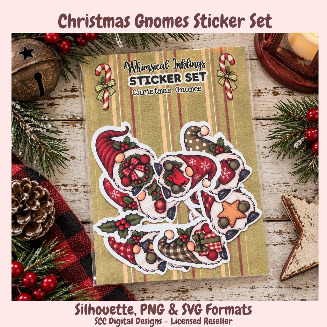 Christmas gnomes sticker set displayed on a kraft paper sheet with festive props including pine branches, red berries, a wooden bell, and a candle. The stickers feature colorful gnome illustrations in red, green, brown, and white.