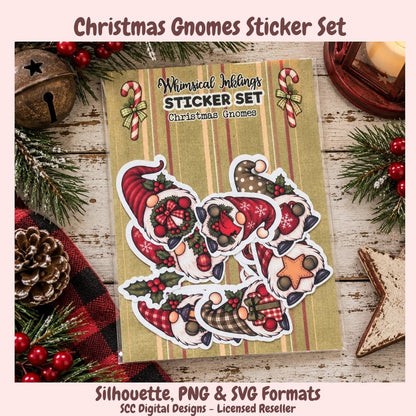Christmas gnomes sticker set displayed on a kraft paper sheet with festive props including pine branches, red berries, a wooden bell, and a candle. The stickers feature colorful gnome illustrations in red, green, brown, and white.