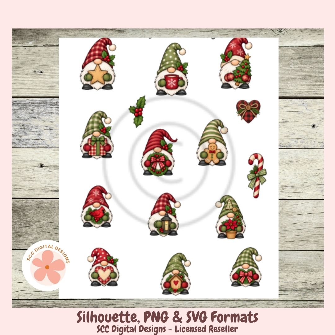 A sheet of Christmas gnome silhouettes in red, green, and brown holiday colors on a white background, shown over a rustic wood plank backdrop with text reading 'Silhouette, PNG & SVG Formats' and 'SCC Digital Designs - Licensed Reseller'.