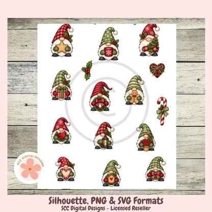 A sheet of Christmas gnome silhouettes in red, green, and brown holiday colors on a white background, shown over a rustic wood plank backdrop with text reading 'Silhouette, PNG & SVG Formats' and 'SCC Digital Designs - Licensed Reseller'.