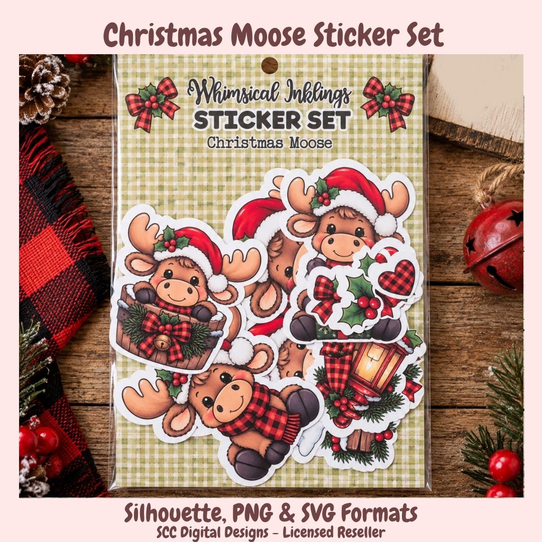 Christmas moose sticker set displayed on a gingham backing card, surrounded by holiday props on a rustic wood surface. The stickers show cartoon moose characters wearing red plaid scarves and hats, with holly, pine branches, and lantern motifs.