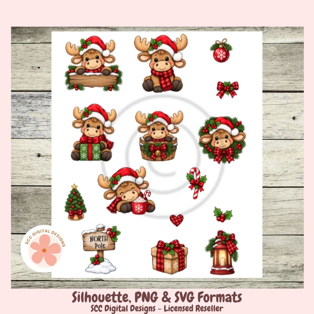 A sheet of Christmas-themed cartoon moose clipart and holiday decorations on a white background, shown with a wood plank backdrop and text reading 'Silhouette, PNG & SVG Formats' and 'SCC Digital Designs - Licensed Reseller'. The designs include moose characters in Santa hats and plaid scarves, bows, candy canes, a small Christmas tree, a 'North Pole' sign, a lantern, and gift boxes.