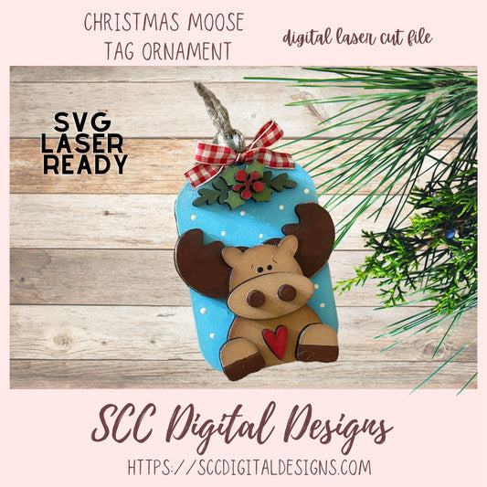 Christmas Moose Tag Ornament SVG, 3D Layered SVG Design, DIY Wood Ornament Pattern for Glowforge and Laser Cutting Machines, Instant Download Wood Working