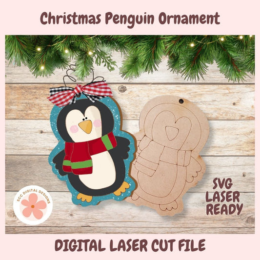 Christmas Penguin Ornament SVG, & Wooden Penguin Christmas Tree Decoration, Laser Cut & Engrave File, Glowforge SVG, DIY Holiday Decor