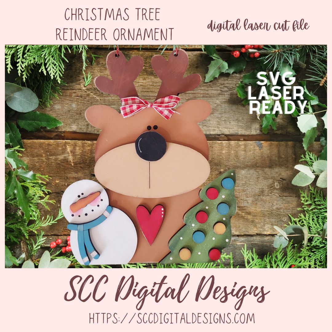 Reindeer Christmas Ornament SVG Laser Cut File, 3D Christmas Tree and Snowman DIY Wood Crafting Pattern for Digital Laser Cutters, Instant Download Commercial Use Art