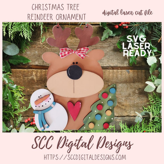 Reindeer Christmas Ornament SVG Laser Cut File, 3D Christmas Tree and Snowman DIY Wood Crafting Pattern for Digital Laser Cutters, Instant Download Commercial Use Art