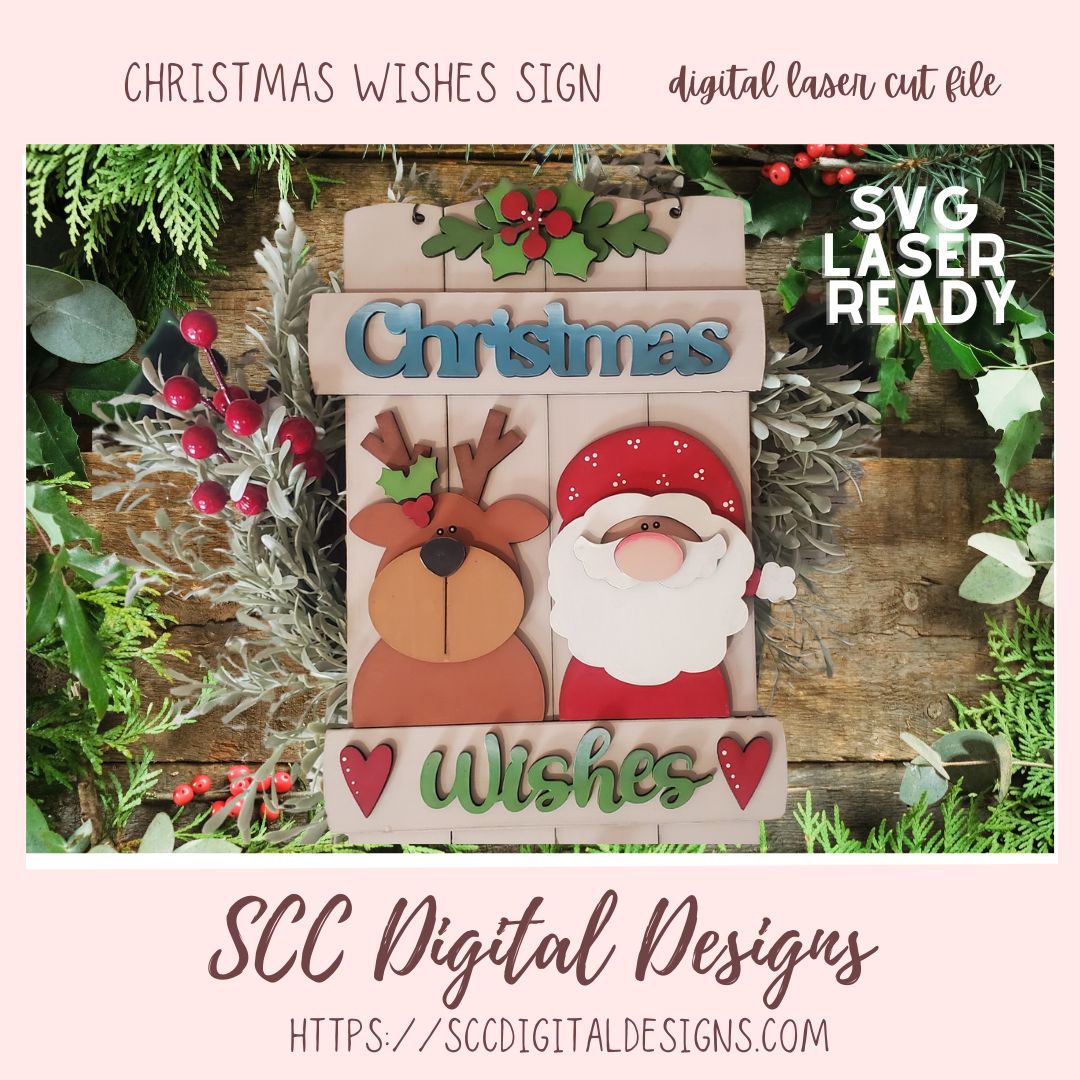 Christmas Wishes Sign SVG Digital Laser Cut File, 3D Santa, Reindeer, Holly & Berries Wood Crafting Pattern  for Laser Cutters, Instant Download Commercial Use Art