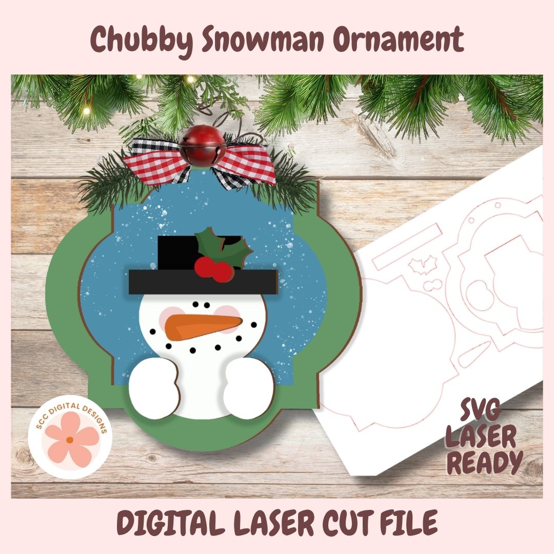 Digital preview for a Chubby Snowman ornament laser cut file, showing a festive snowman design with a blue winter background, green scalloped frame, red bow, pine branches, and a white template sheet on a wood-plank background.