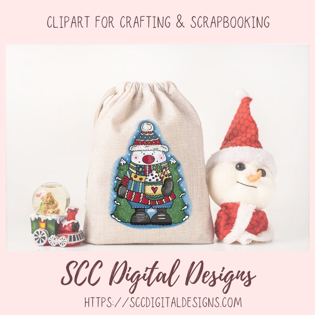 Cute Winter Snowman Clipart - Cute Snow Man Christmas Cocoa Mug & Christmas Tree, DIY Christmas Cards Stickers and Home Decor Wall Art