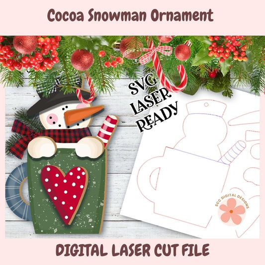 Digital product listing graphic for a 'Cocoa Snowman Ornament' SVG laser cut file. The left side shows the completed festive ornament design: a green mug with a red heart, a snowman face, and candy cane accents.
