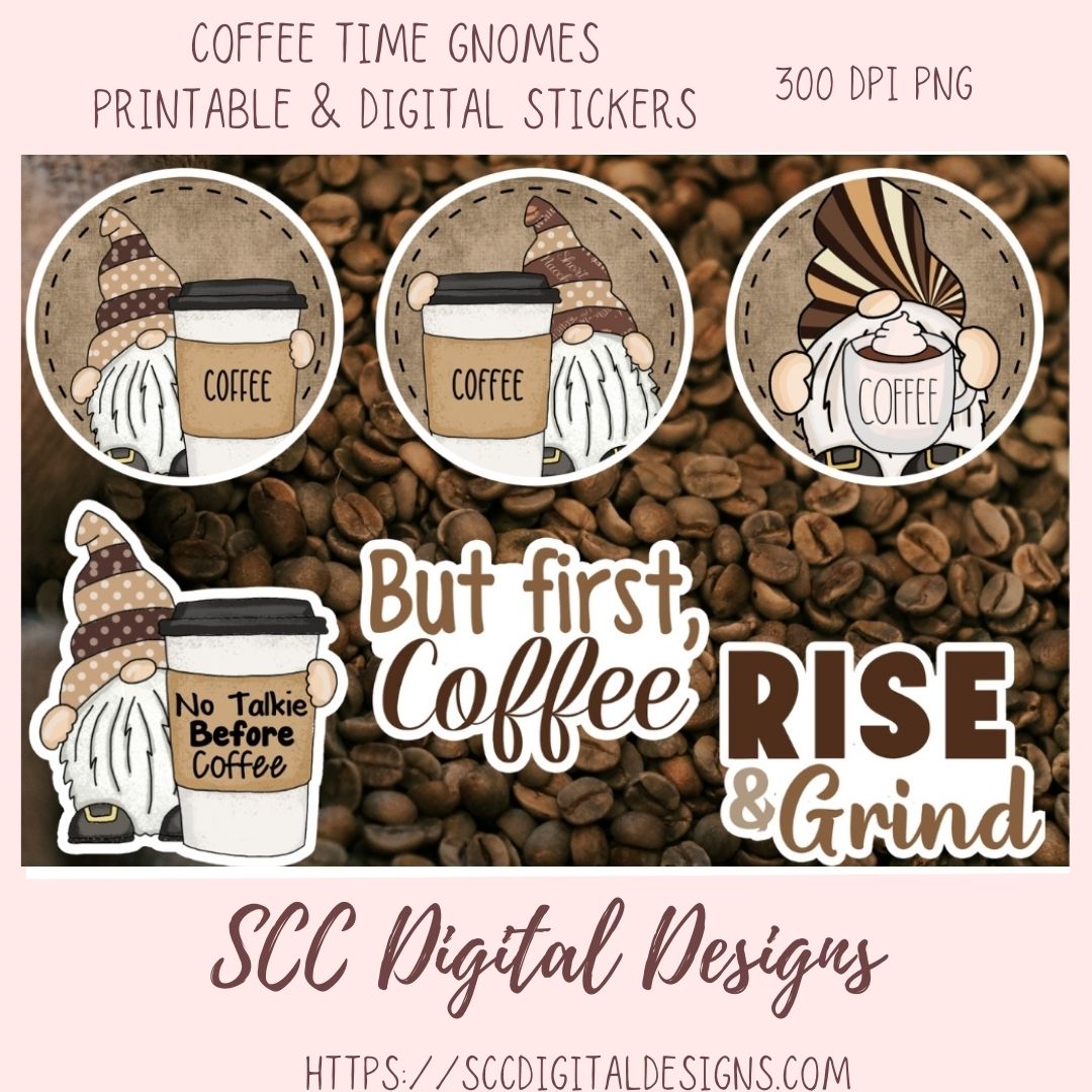 Coffee Time Gnomes PNG Bundle, Printable Stickers for Coffee and Gnome Lovers, Digital Stickers Goodnotes Compatible Scrapbooking Elements