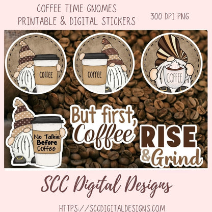 Coffee Time Gnomes PNG Bundle, Printable Stickers for Coffee and Gnome Lovers, Digital Stickers Goodnotes Compatible Scrapbooking Elements