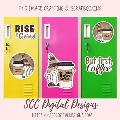 Coffee Time Gnomes PNG Bundle, Printable Stickers for Coffee and Gnome Lovers, Digital Stickers Goodnotes Compatible Scrapbooking Elements