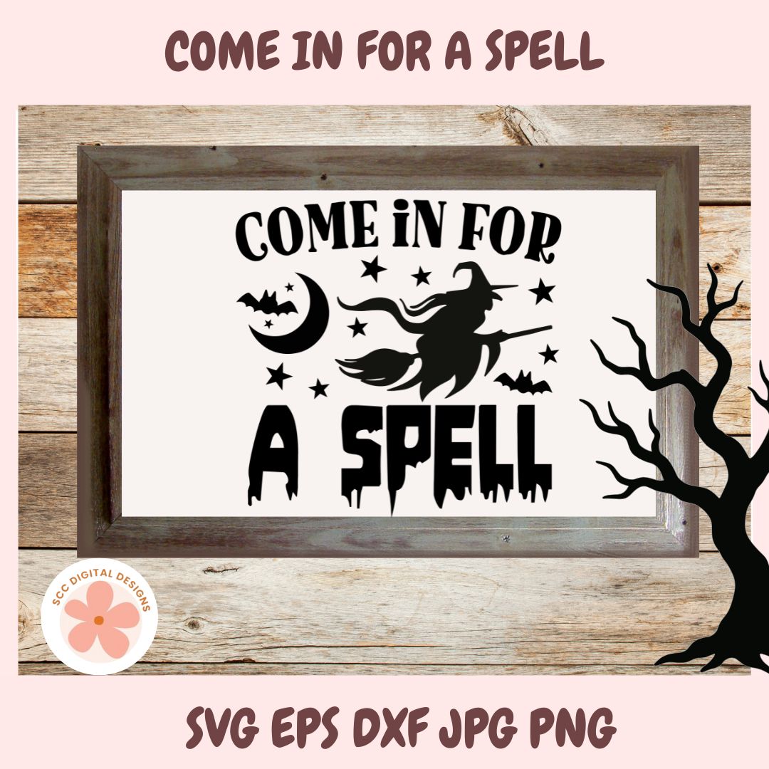 Halloween-themed sign with 'Come in for a spell' text and witch silhouette on a wooden background.