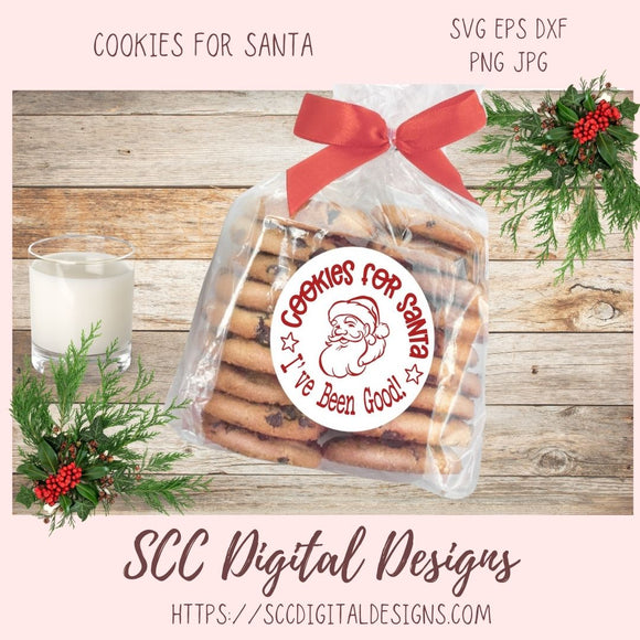 Cookies For Santa SVG, Digital and Printable Christmas Cookies Gift Bag Sticker, DIY Holiday Cards for Kids, PNG Designs for Shirts