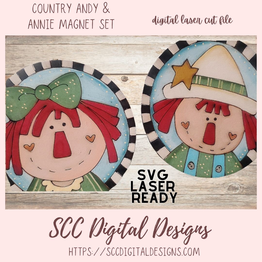 Primitive Annie and Andy SVG Laser Magnet Set 2 designs in svg laser cut file