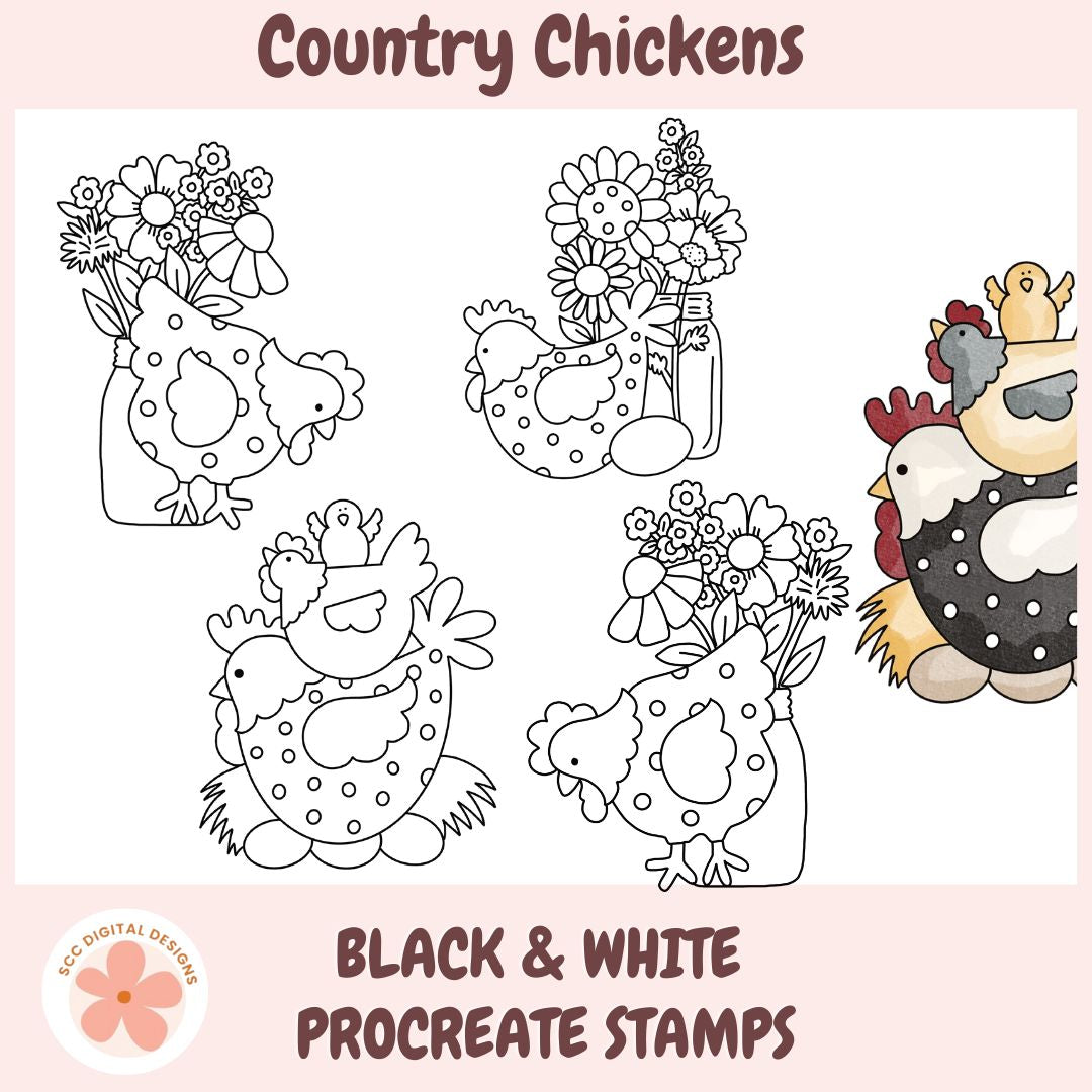 Black and white procreate stamps of chickens and flowers on a pink background with 'Country Chickens' text.