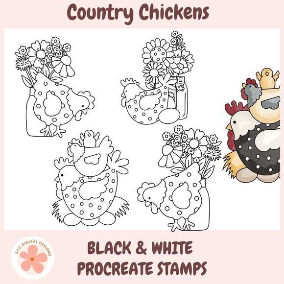Black and white procreate stamps of chickens and flowers on a pink background with 'Country Chickens' text.