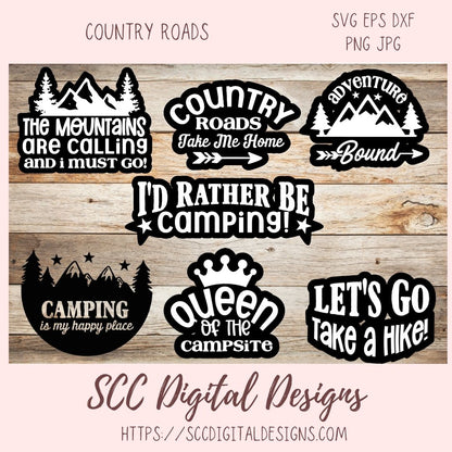 Country Roads Sticker SVGs, Queen of The Campsite PNG DIY Adventure Bound Sign Mountain Wanderer Digital & Printable Sticker Designs
