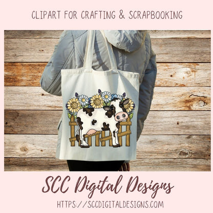 Cow Town PNG, Black and White Cows & Flower for Sublimation for Stickers, Rustic Farmhouse Decor for Girlfriend, Cow Lover T-Shirts for Mom