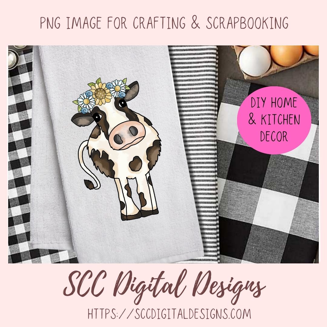 Cow Town PNG, Black and White Cows & Flower for Sublimation for Stickers, Rustic Farmhouse Decor for Girlfriend, Cow Lover T-Shirts for Mom