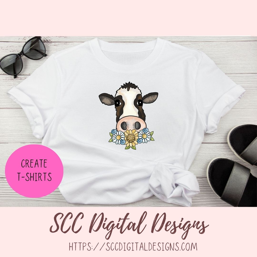Cow Town PNG, Black and White Cows & Flower for Sublimation for Stickers, Rustic Farmhouse Decor for Girlfriend, Cow Lover T-Shirts for Mom