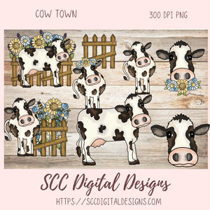 Cow Town PNG, Black and White Cows & Flower for Sublimation for Stickers, Rustic Farmhouse Decor for Girlfriend, Cow Lover T-Shirts for Mom