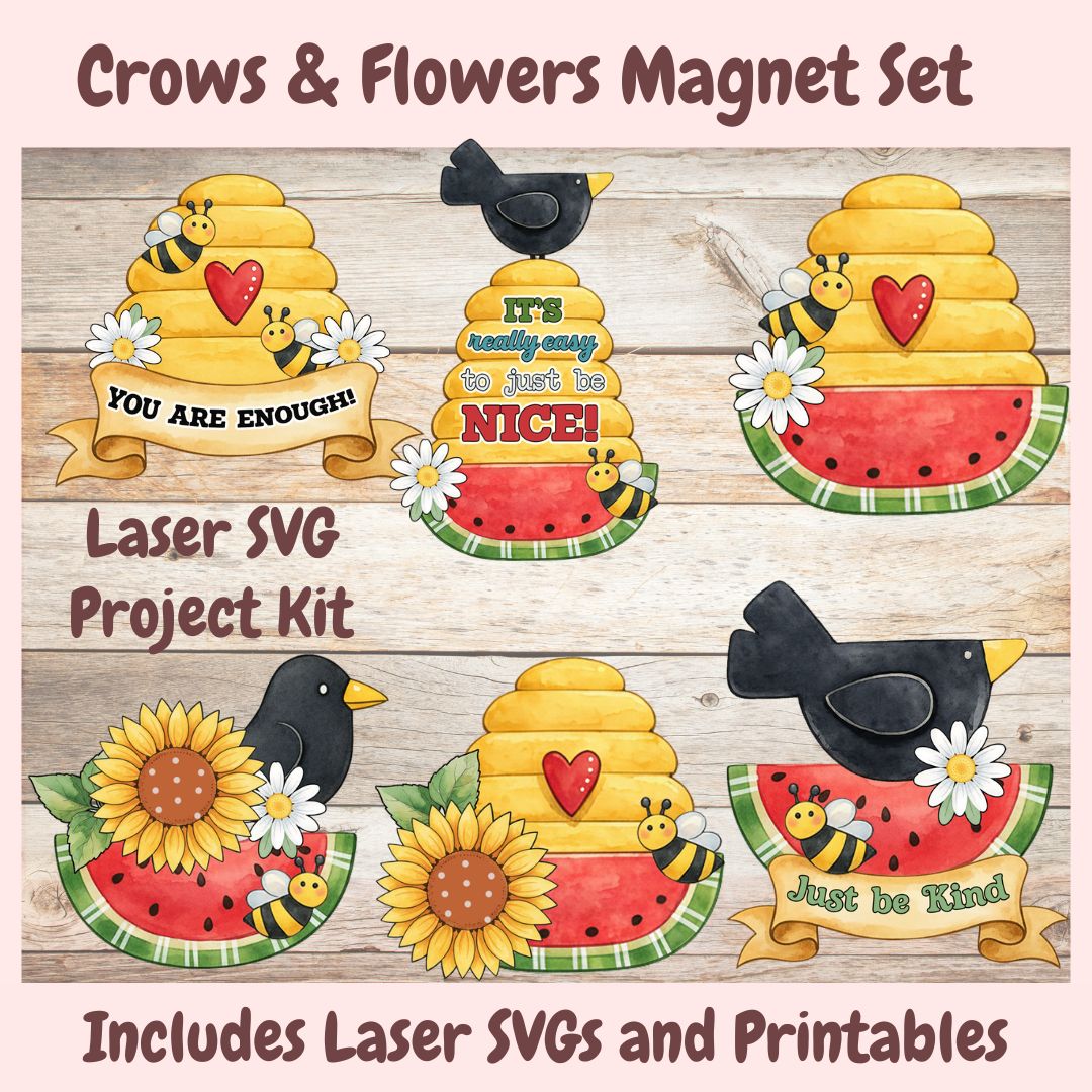 Set of magnet designs featuring crows, flowers, and bees on a wooden background with text and graphics.