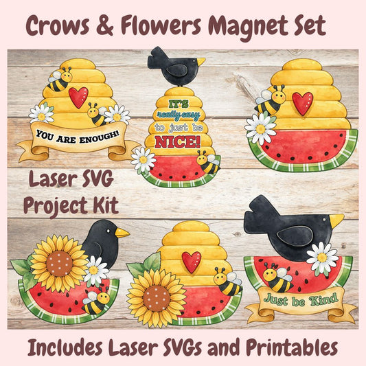 Set of magnet designs featuring crows, flowers, and bees on a wooden background with text and graphics.