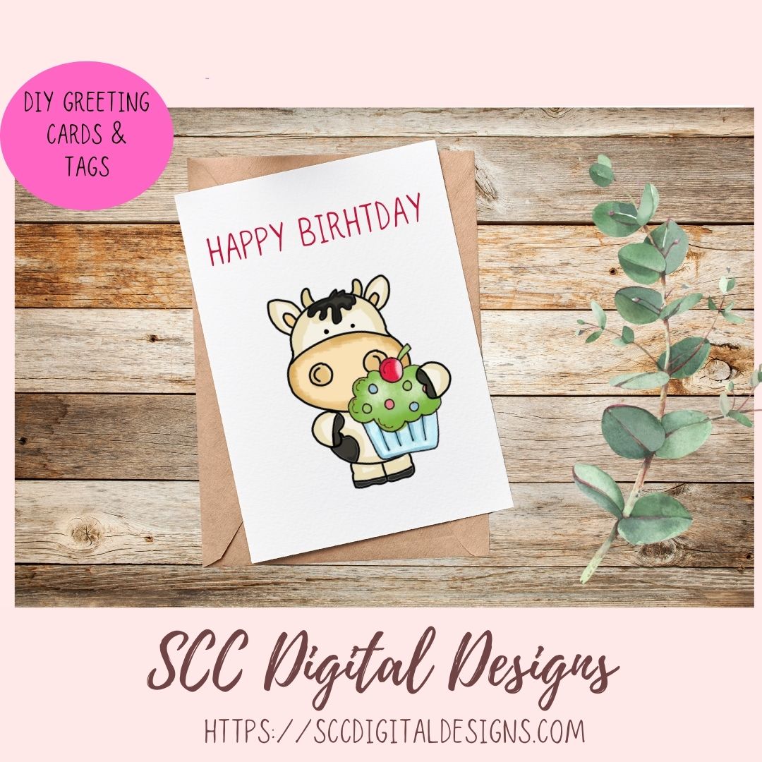 Cupcake Cows Clipart, Whimsical Black and White Cow PNG for Stickers for Kids, DIY Birthday Party Invitations for Girls, Scrapbook Elements