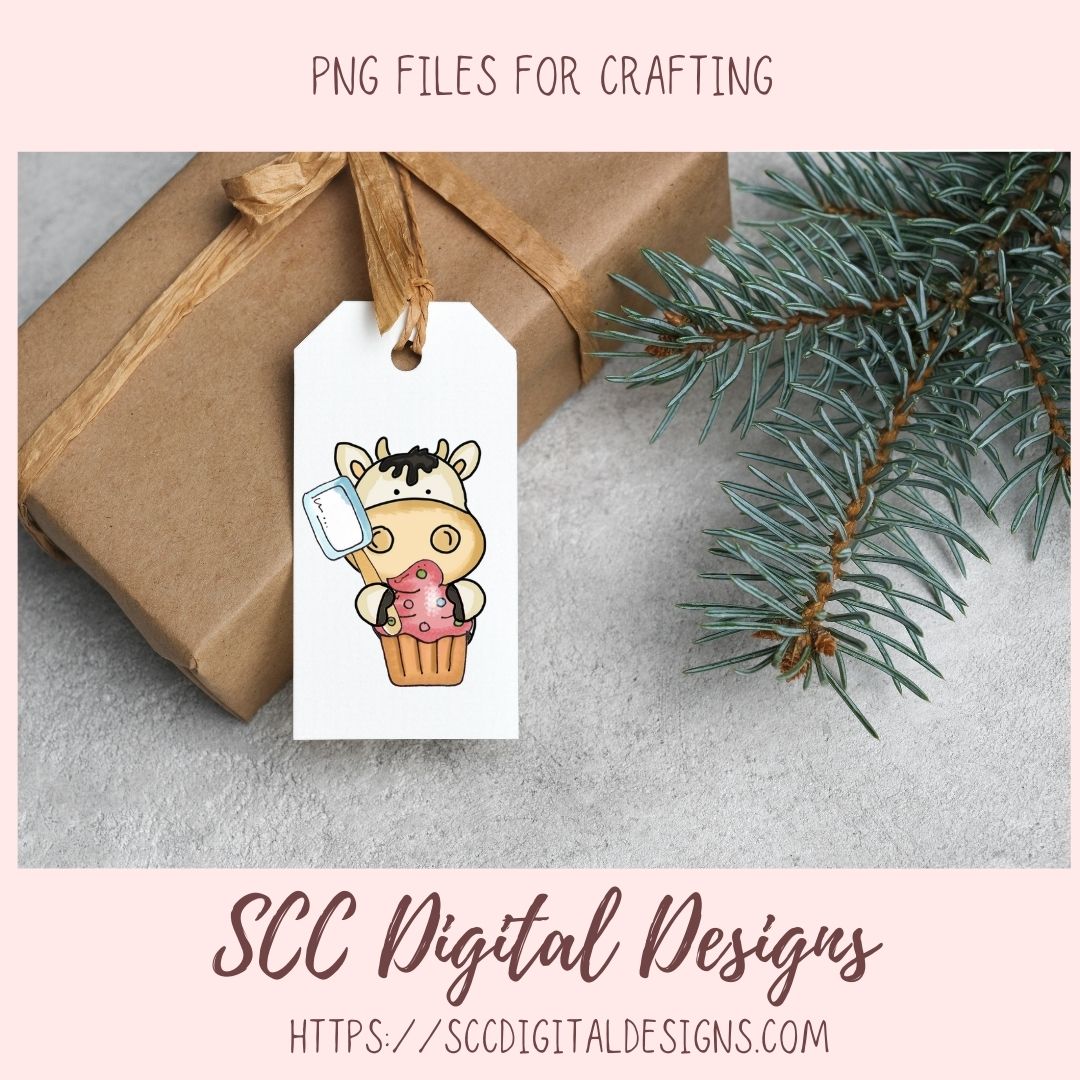 Cupcake Cows Clipart, Whimsical Black and White Cow PNG for Stickers for Kids, DIY Birthday Party Invitations for Girls, Scrapbook Elements