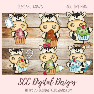 Cupcake Cows Clipart, Whimsical Black and White Cow PNG for Stickers for Kids, DIY Birthday Party Invitations for Girls, Scrapbook Elements