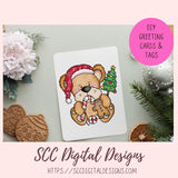 Greeting card with a bear holding a Christmas tree and candy cane, surrounded by festive decorations.