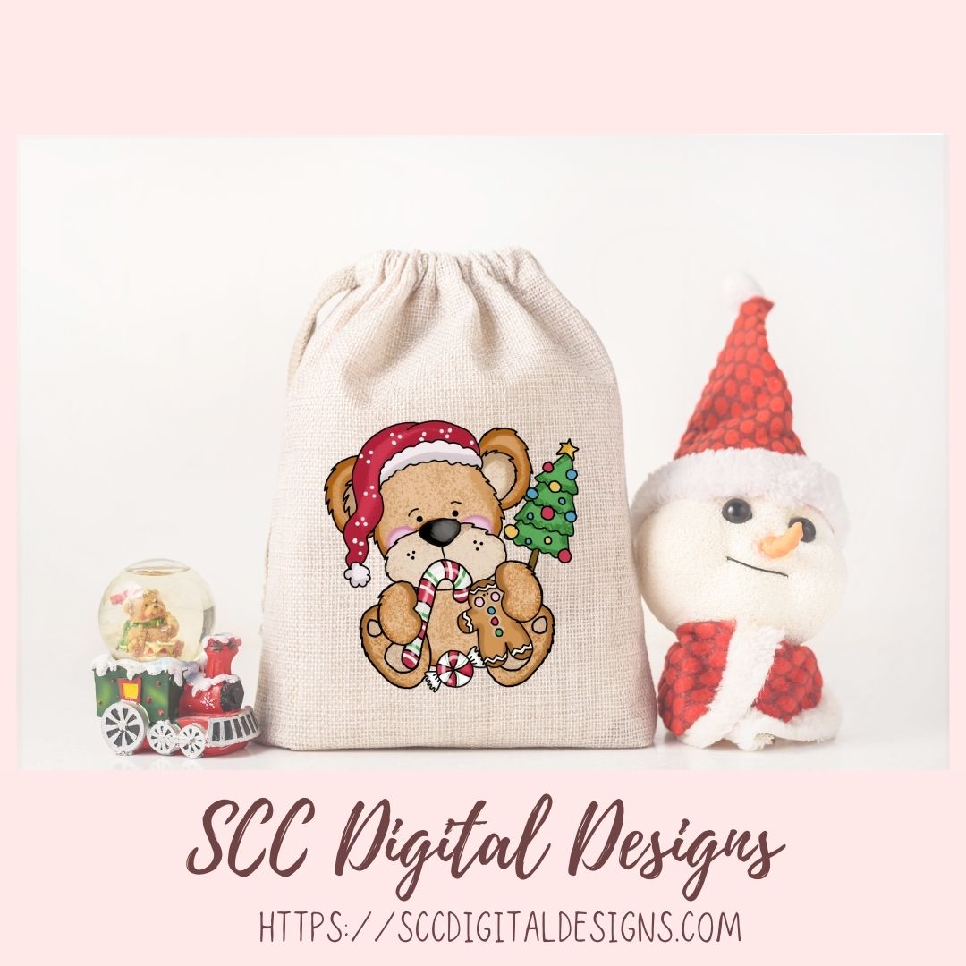 Christmas-themed drawstring bag with teddy bear design, snowman, and snow globe on a light pink background.