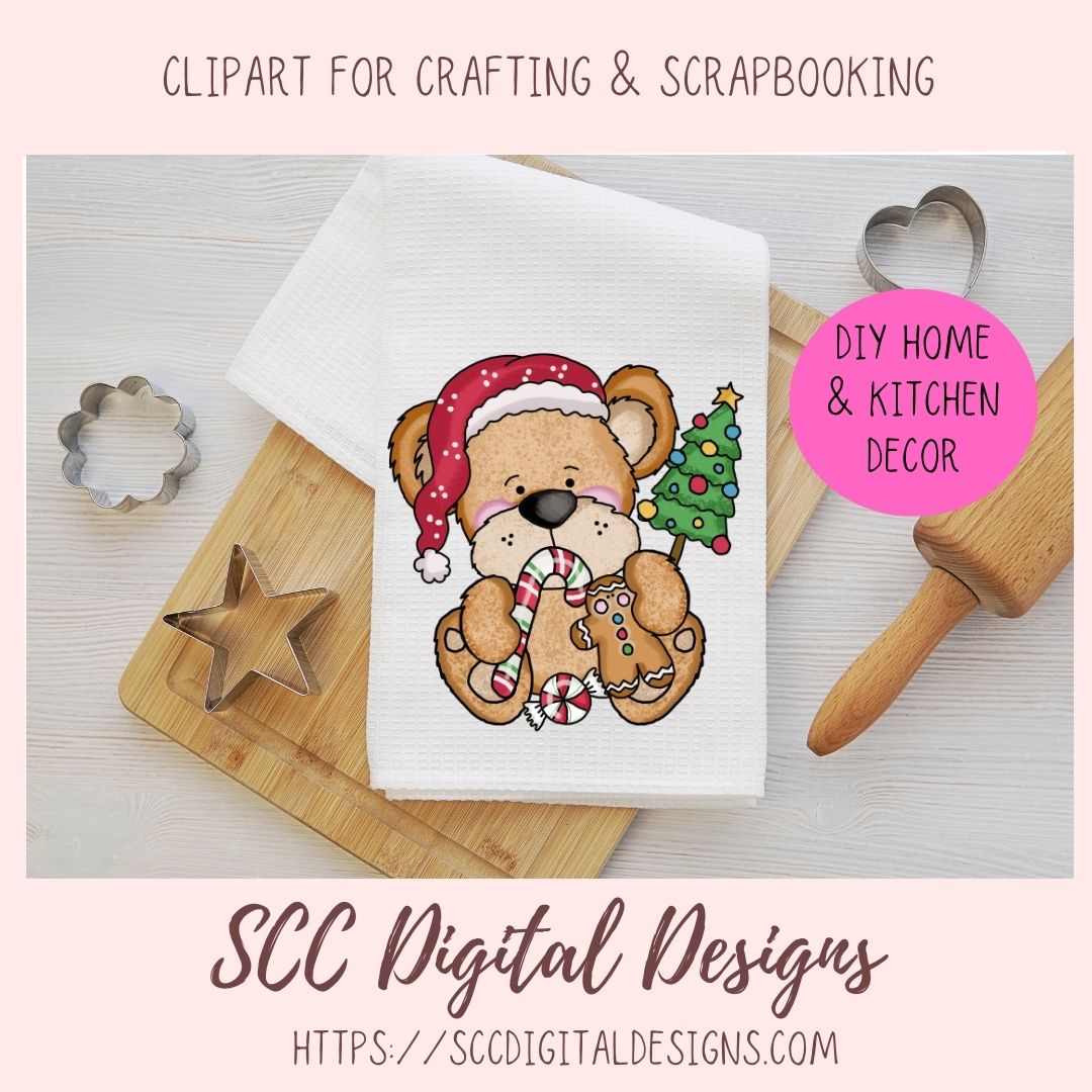 Christmas-themed bear clipart on a kitchen towel with baking tools in the background, featuring SCC Digital Designs branding.