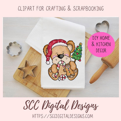 Christmas-themed bear clipart on a kitchen towel with baking tools in the background, featuring SCC Digital Designs branding.