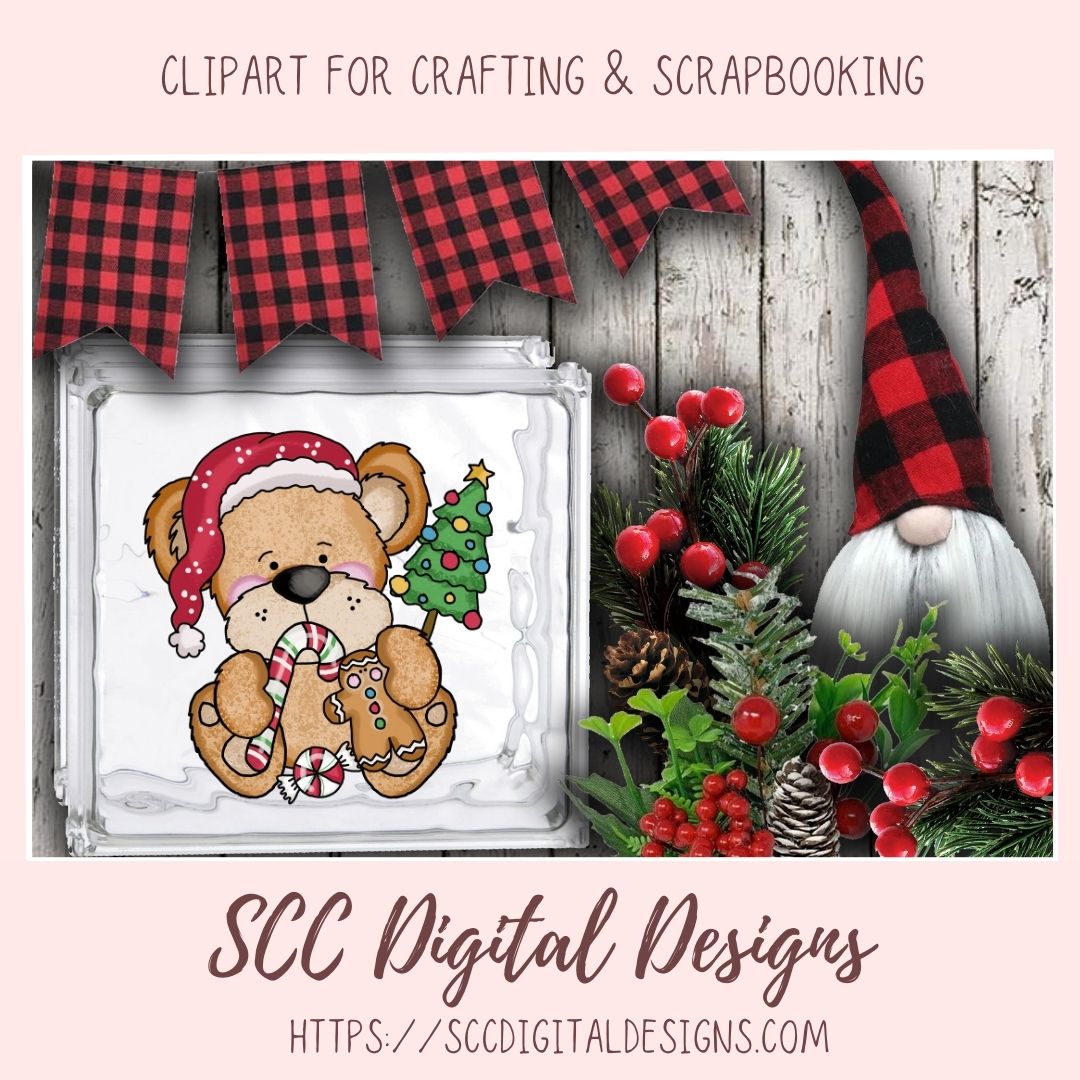 Christmas-themed clipart with a bear, gingerbread man, and gnome on a wooden background with red and black checkered elements.