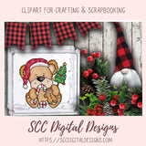 Christmas-themed clipart with a bear, gingerbread man, and gnome on a wooden background with red and black checkered elements.