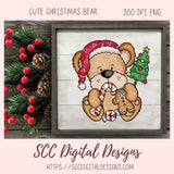 Christmas-themed bear illustration with a candy cane and gingerbread man, surrounded by festive decorations on a wooden background.